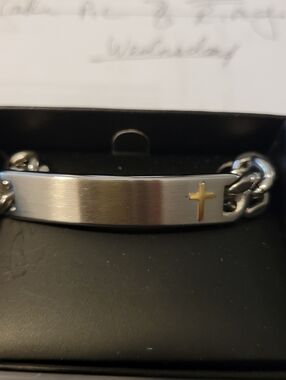 Stainless Steel Men's ID Bracelet with Gold Cross & Size 10 Ring